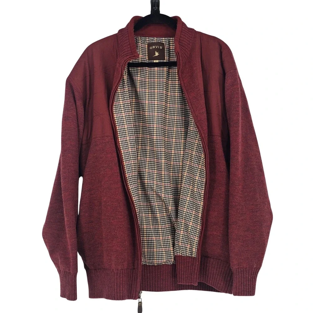 Orvis Full Zip Wool Sweater Jacket XL Burgundy Red Shooting Hunting Countryside